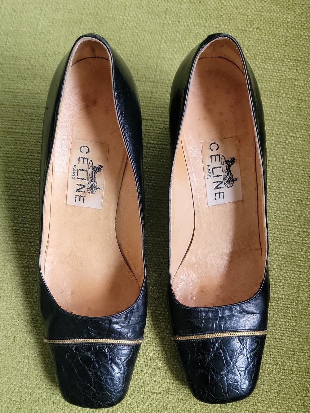Celine Vintage Black Leather Square-Toe Pumps with Gold Trim